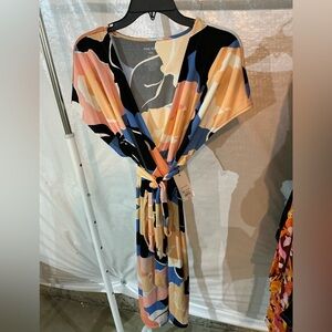 Nine West Orange and Pink Wrap Tie Front Sundress